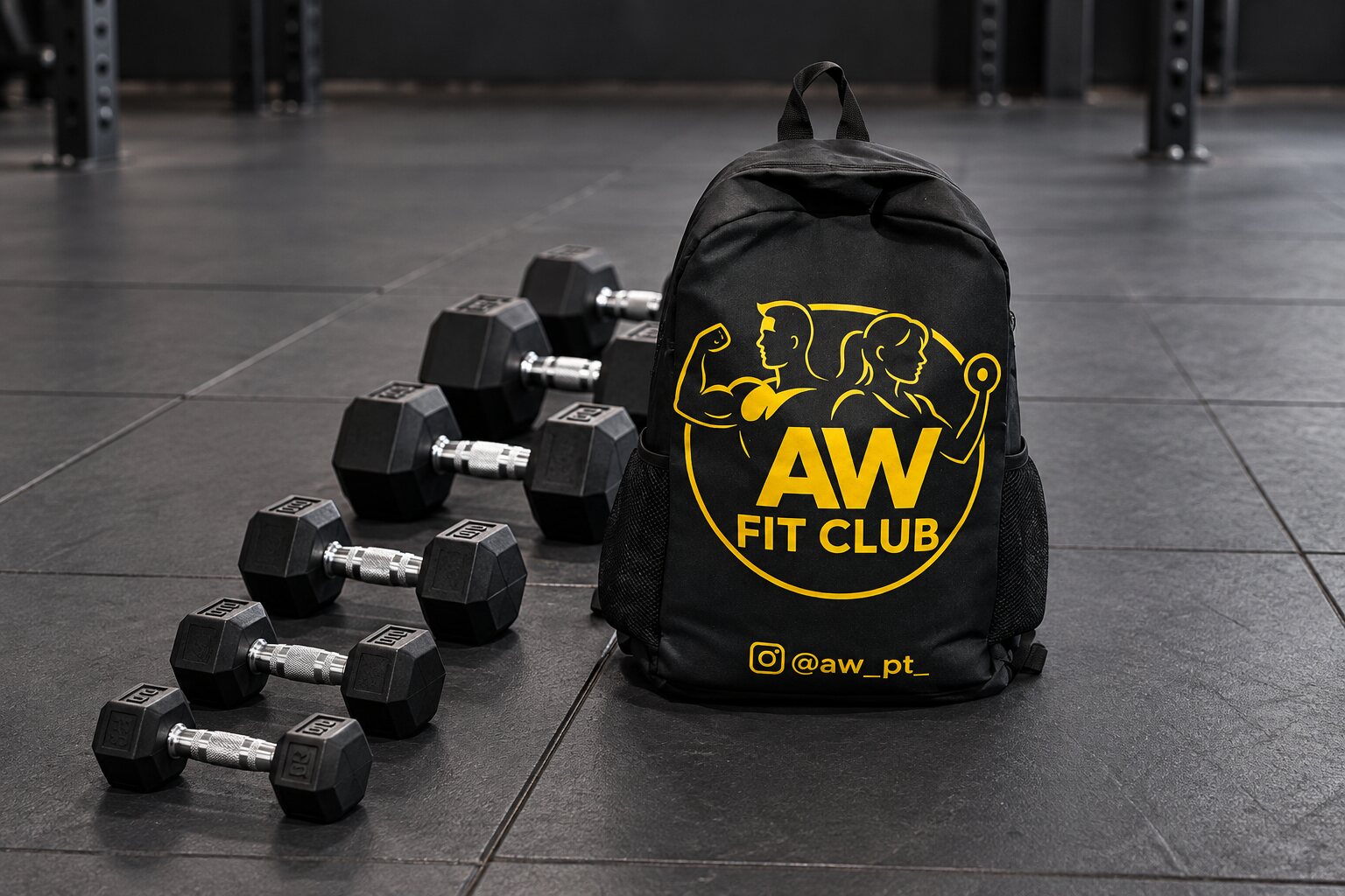 AW Fit Club training bag and dumbbells